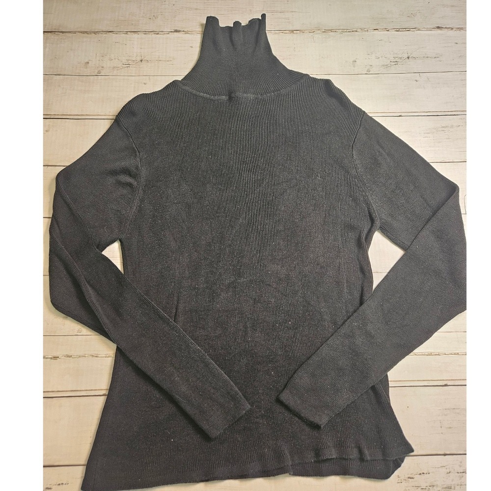 Stephanie Andrews 100% Silk Ribbed Turtleneck Sweater Black Womens Medium